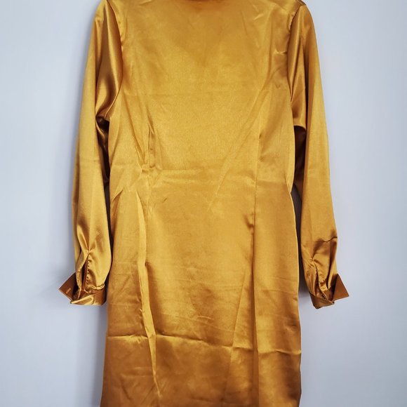 Glamourous Gold Satin Short Shirt Dress Front Tie Ruched Skirt Long Sleeve Luxe - Picture 4 of 10